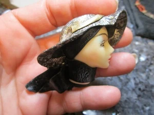 Vintage 1990 handmade lady face brooch pin black and silver hat with scarf 3” - Picture 1 of 6