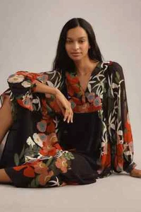 Farm Rio Floral Maxi Dress Anthropologie Long Sleeve V-Neck Black Bib Size M NEW - Picture 1 of 5