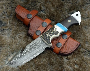 10" CUSTOM HANDMADE FORGED DAMASCUS STEEL HUNTING GUT HOOK BLADE KNIFE + SHEATH - Picture 1 of 10