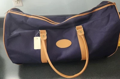 海军蓝帆布旅行行李袋带棕褐色装饰 - 大号 Weekender 拉链 22x14 全新带标签 — 第 1/4 张图片