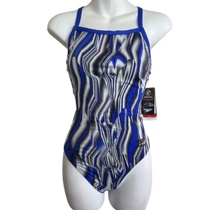 NWT Speedo Endurance+ Flyback One Piece Swimsuit Size 6/32 – Blue Gray White - Picture 1 of 9