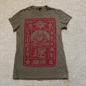 VTG Y2K Lucky Brand Crew Neck T-Shirt Size S Buddha Print Green Short Sleeve USA - Picture 1 of 9