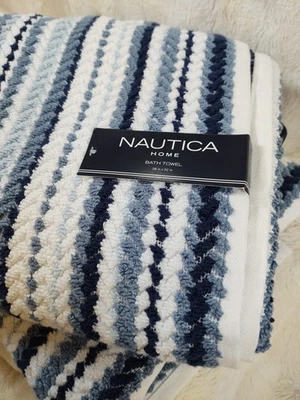 New 2 Nautica Wavecrest Cotton Striped Bath Towels OEKO TEX Beachy Ocean Blues - Image 1 of 4