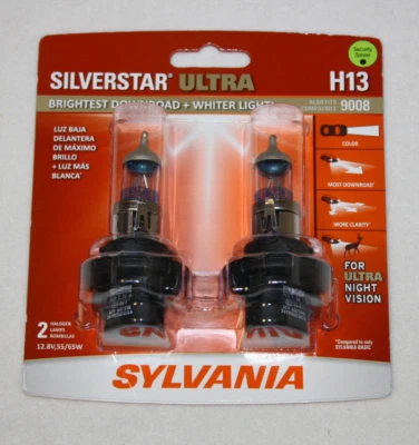 Sylvania H13 Silverstar ULTRA NIGHT VISION Halogen Headlight Bulbs Pack of 2 NEW - Image 1 of 4