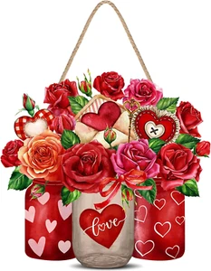Valentine's Day Wooden Door Sign Hanger Rose Hanging Door Decor Sweet Love - Picture 1 of 12