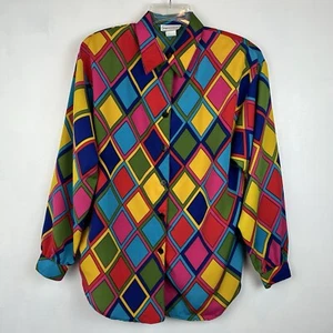 Vtg 90s Top Womens 10 Print Blouse USA Bright Maximalist Groovy Mod Retro - Picture 1 of 11