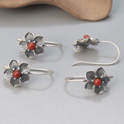 B35 Orecchini Fiore con Rosso Agata 925 Argento Sterling - Immagine 1 di 4