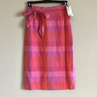 Vintage Leslie Fay Haberdashery Plaid Midi Skirt Pink Tie Belt Linen Fully Lined - Image 1 of 4