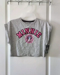 Disney Minnie Mouse Semi-Cropped Athletic Girls T-Shirt Short Sleeve Gray 7/8 - Picture 1 of 7