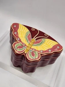 Vintage ceramic butterfly shaped trinket box dark pink yellows greens - Picture 1 of 16