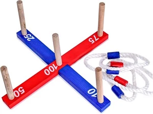 Wooden Garden Quoits Indoor Outdoor Family Pegs Kids Rope Hoopla Game Ring Toss - Picture 1 of 4
