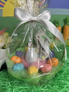 Adult Easter Basket With Resin Bunny & Glitter Eggs In Wire Basket - Picture 1 of 4