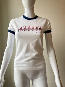 Vintage 80s XS T Shirt Mackinac Island Michigan Sailboat Nautical Ringer EUC - Picture 1 of 8