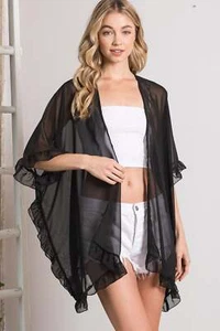 Women's Solid Sheer Shawl Cardigan Rayon Ruffle Open Front Duster Kimono Top - Picture 1 of 3