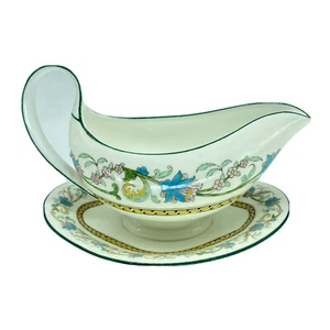 Bote de salsa Wedgwood Shah W734 con placa base adjunta azul floral amarillo crema - Imagen 1 de 6