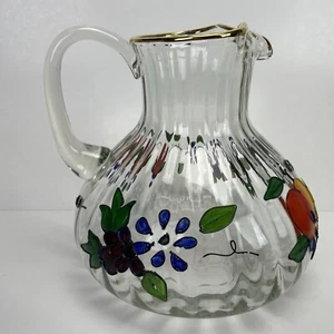 Fluted Glass Pitcher Hand Painted Fruit Flowers Gold Rim Vintage Romania - Picture 1 of 14