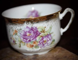 Antique 1800's German Porcelain CUP CABBAGE ROSE GOLD GILT LARGE COFFEE TEA MUG - Picture 1 of 12