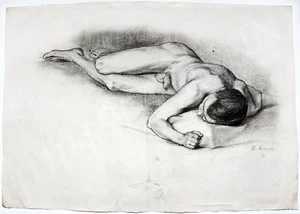 1899 Kaiserreich RUSSLAND liegender NACKTER JUNGER MANN Theodor Doebner GROSSFORMATIGE ZEICHNUNG - Bild 1 von 4