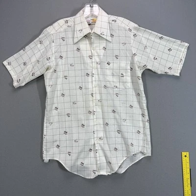Vintage Van Heusen Shirt Mens Medium White Grid Floral Short Sleeve Pocket 70s - Image 1 of 4