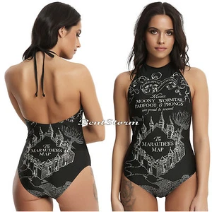 Harry Potter Marauders Map Halter One Piece Ladies Swimsuit Swim Suit XS-2X NEW - Imagen 1 de 6