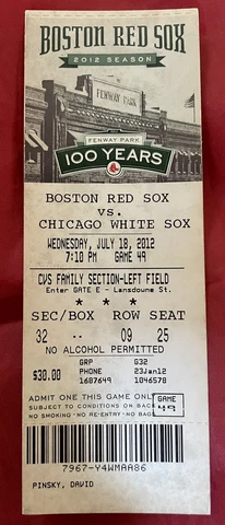 Boston Red Sox White Sox Complete ticket - Fenway Park 100 Years July 18, 2012 Cover