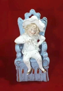 ANTIQUE BISQUE PORCELAIN GERMAN FIGURINE YOUNG BOY FIGURINE IN BLUE HEART CHAIR  - Picture 1 of 24