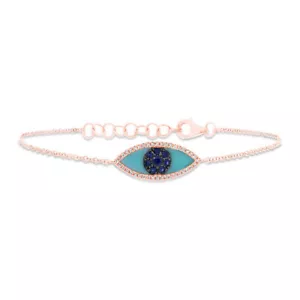 14K Oro Rosa Natural Zafiro Azul Diamante Turquesa Todas Vistas Ojo Pulsera - Imagen 1 de 2