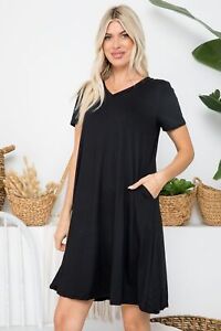 Women V Neck Short Sleeve Basic  Loose Fit Dress with Side Pocket S-3X