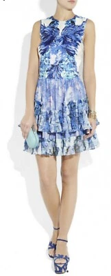 ROBERTO CAVALLI Vestido Azul Estampado Floral Seda Satén Gasa Volantes Cremallera Talla 38-XS Foto 1 de 4