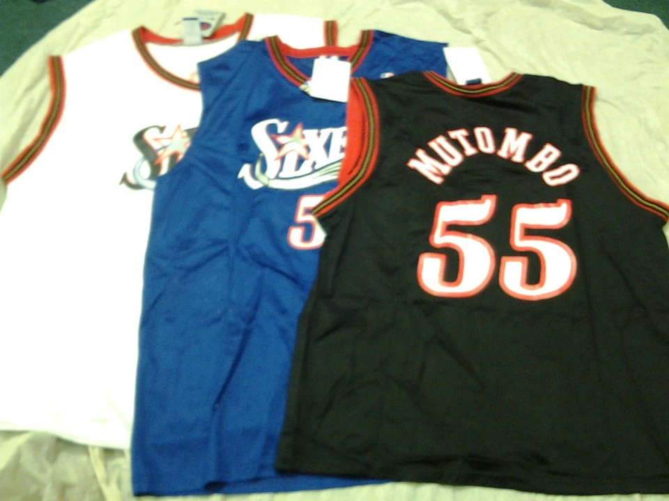 PHILADELPHIA 76ERS DIKEMBE MUTOMBO #55 RETRO CHAMPION NBA JERSEY HALL OF FAMER! - Image 1 of 1
