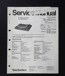 Original TECHNICS SL-BD27U Turntable Service Manual / Service Anleitung S11 - Bild 1 von 1