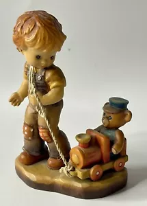 ANRI Design Valentine Italy Woodcarving 4” Boy Pulling Train W/Bear 662/4000 - Picture 1 of 8