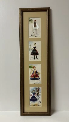 Vintage Greek dance inspired silk embroidered wood framed postcards by Isabel - Image 1 of 4
