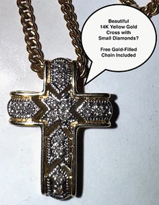 14K Gold Cross 1.4g TW w/Small Diamonds(?) Plus Free Gold-Filled Chain G-79 - Picture 1 of 8