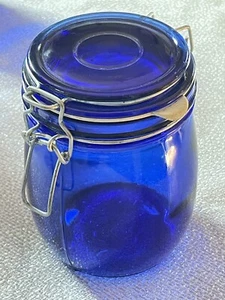 Cobalt Blue Glass Canister Hinged Wire Lid 5.75” Tall - Picture 1 of 11
