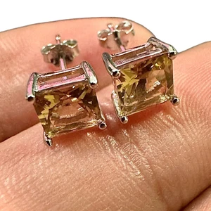 Citrine Stud Earrings 925 Sterling Silver lab-created Princess Cut Earrings 6MM - Picture 1 of 10