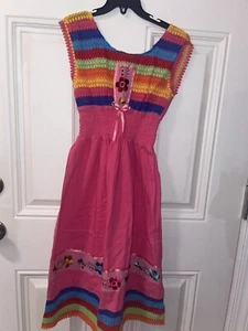 Girls Mexican Embroidered Crochet Floral Multicolor Pink Dress Size 10 - Picture 1 of 7
