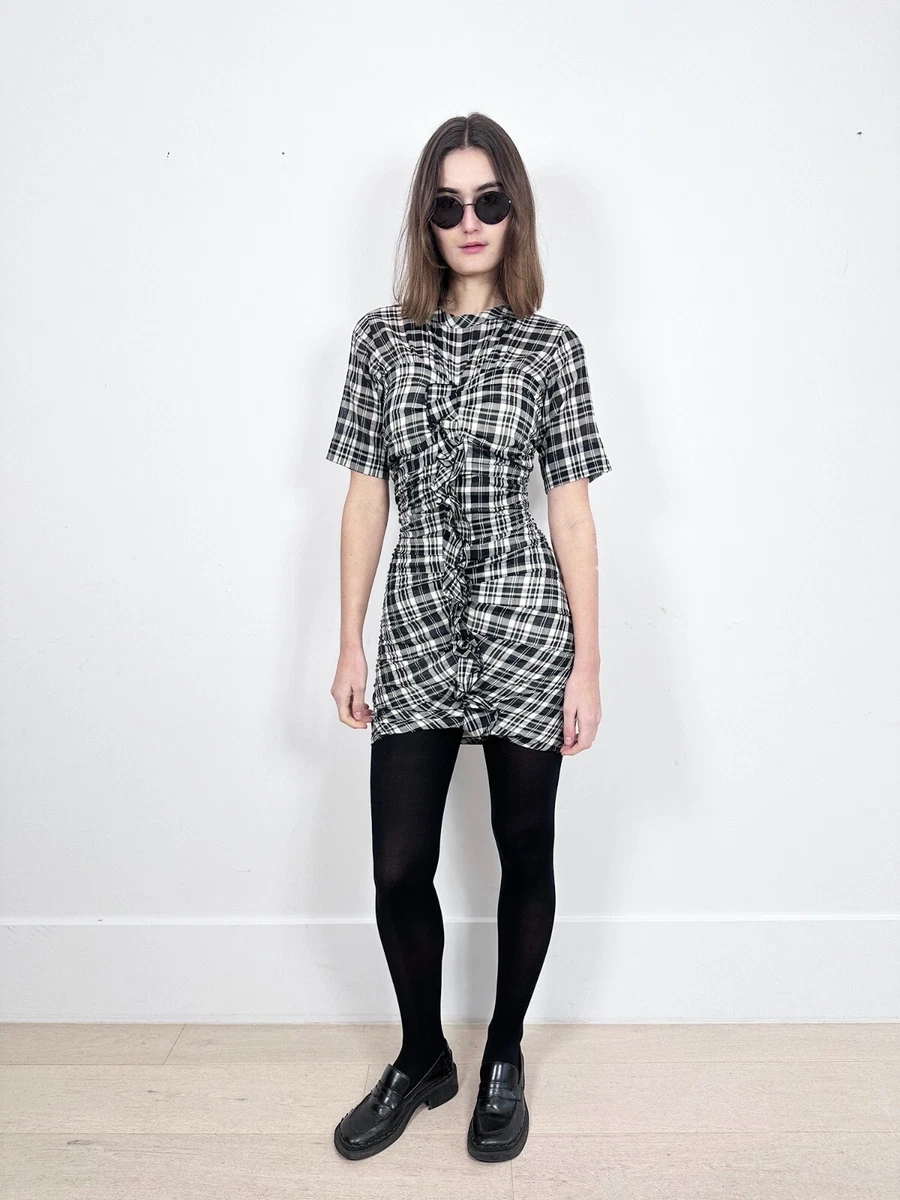 Women's Short Sleeve Plaid T-Shirt Dress - Casual Mini Dress With Striped Hem, Cotton Polyester Blend