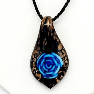 Blue Flower Art Glass Pendant Necklace Black & Shimmery Copper Background New - Picture 1 of 10