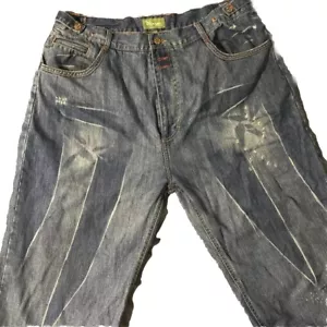 Pantalones de mezclilla vintage Meezan Art Couture parches para hombre 36 holgados bordados hip hop - Imagen 1 de 14