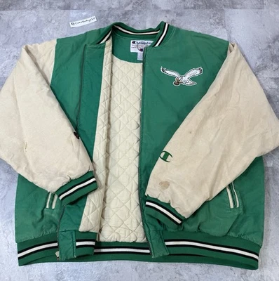Chaqueta de Lona Vintage Años 90 Philadelphia Eagles Champion Bomber Verde Kelly 2XL Foto 1 de 4