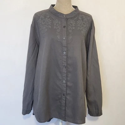 女式 SZ XL 灰色长袖亚麻混纺刺绣中式领衬衫 — 第 1/4 张图片