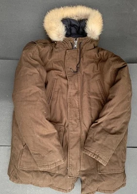 Duluth Men's 2XL Tall Fire Hose Down Coat Real Fur Hood brown winter canvas - Image 1 of 4