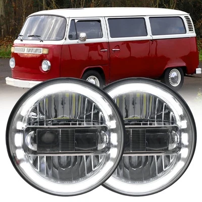 7'' LED Headlights Hi/Lo Beam DRL For VW Bay Window Camper Bus Van T2 1974-1979 - Image 1 of 4