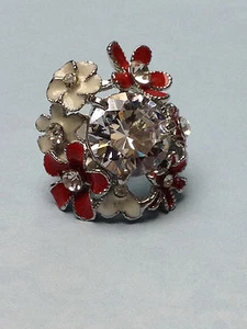 FLOWERS FLORAL RED / WHITE ENAMEL SILVER RING BIG IRIDESCENT CRYSTAL LADY SIZE 8 - Picture 1 of 5