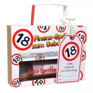 Geldspritze - Finanzspritze zum 18. Geburtstag in rot/weiß, Geschenk, Geld ,Idee - Bild 1 von 1
