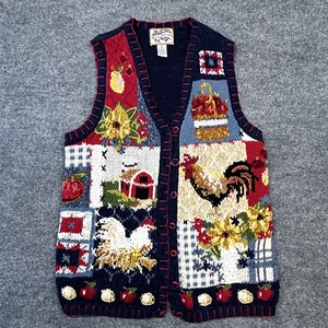 Vintage Heirloom Cardigan Sweater M Fall Harvest Rooster Appl Cottagecore Granny - Picture 1 of 10