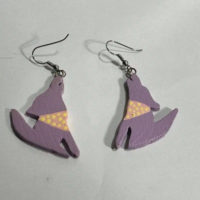 Hand Carved Wooden Howling Dog Coyote Dangle Earrings Southwestern Purple - Image 1 of 3