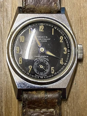 Pierce Parashock Gents Military Black Dial Watch 30s Vintage 4 Screws Back Case - Image 1 of 4