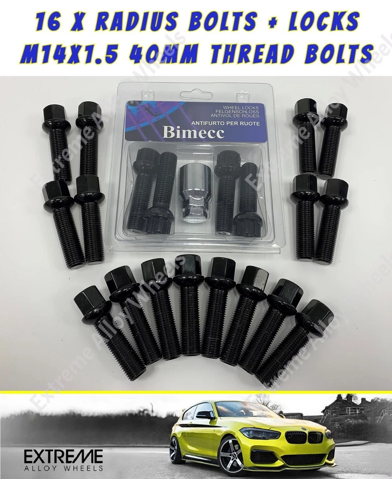 Pernos de rueda de aleación negros aptos para Volkswagen Golf todos 5 pernos M14x1.5 x 16 + cerraduras 40mm Foto 1 de 1